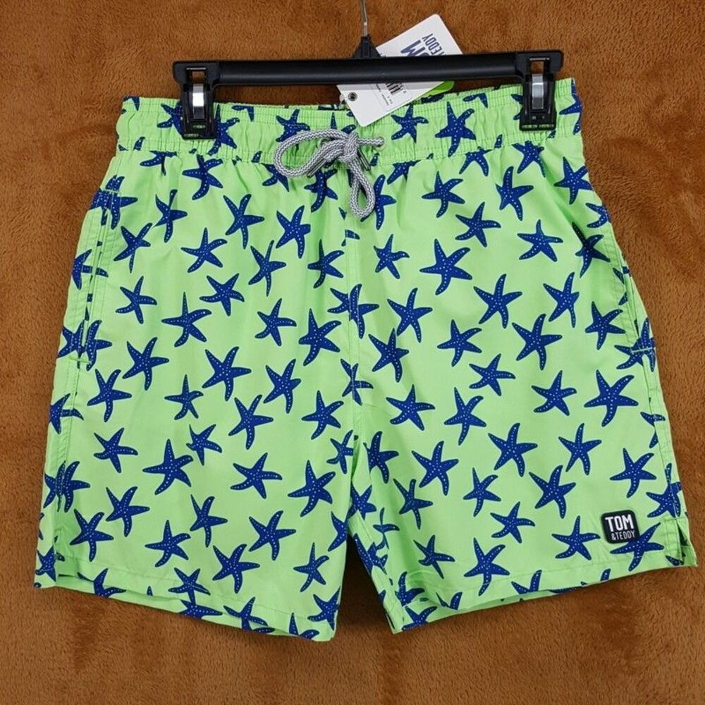 TOM & TEDDY Swim Trunks Mens Small Green Starfish Lined Shorts $100